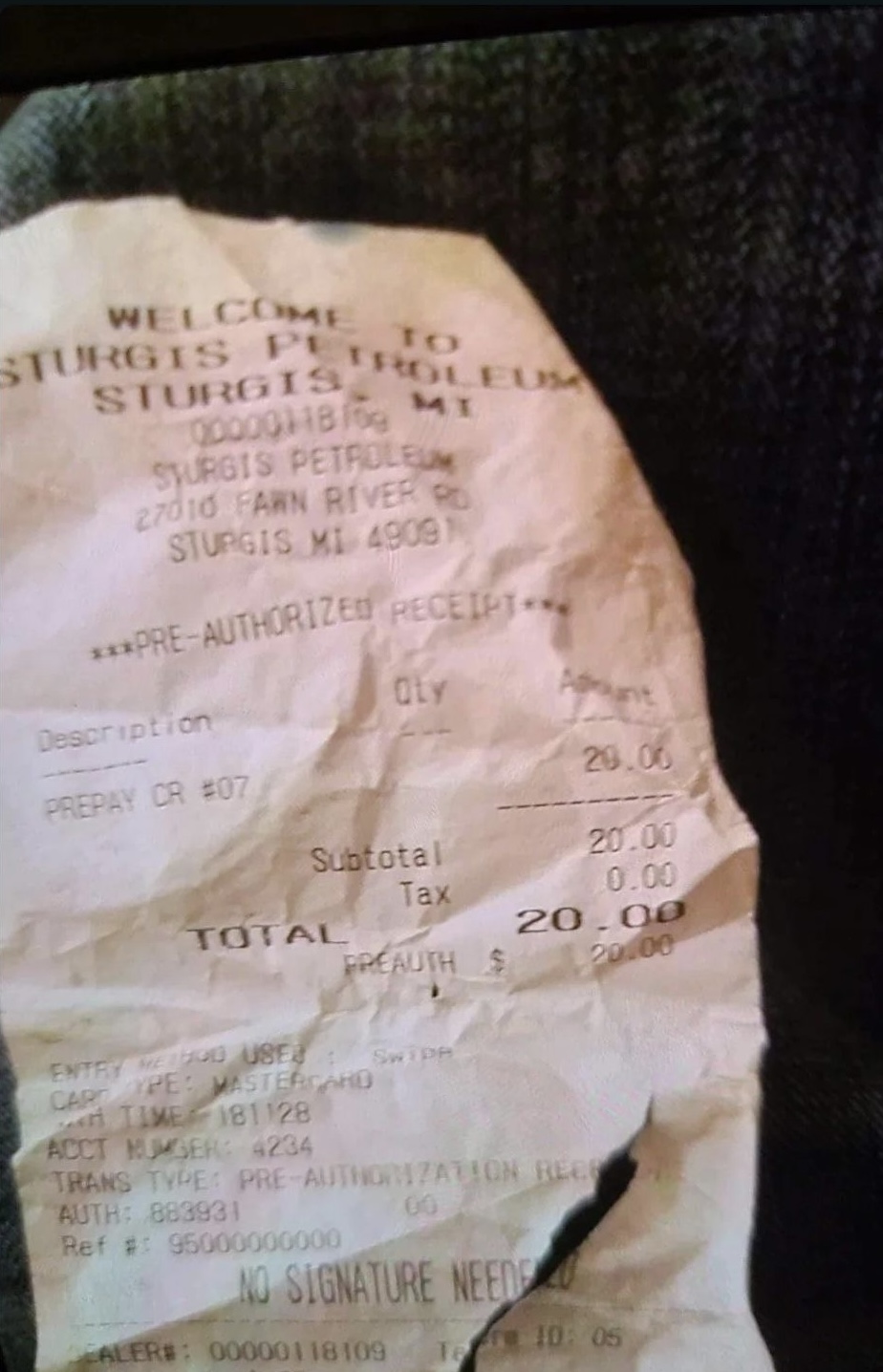 Brittany's Marathon Gas Receipt