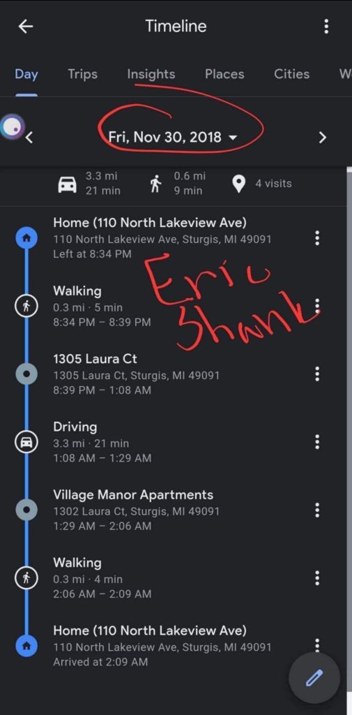 ERIC SHANKS GOOGLE TIMELINE FOR 11/30/18